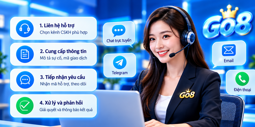 Quy trình chăm sóc khách hàng GO8 gồm liên hệ hỗ trợ, cung cấp thông tin, tiếp nhận và phản hồi yêu cầu